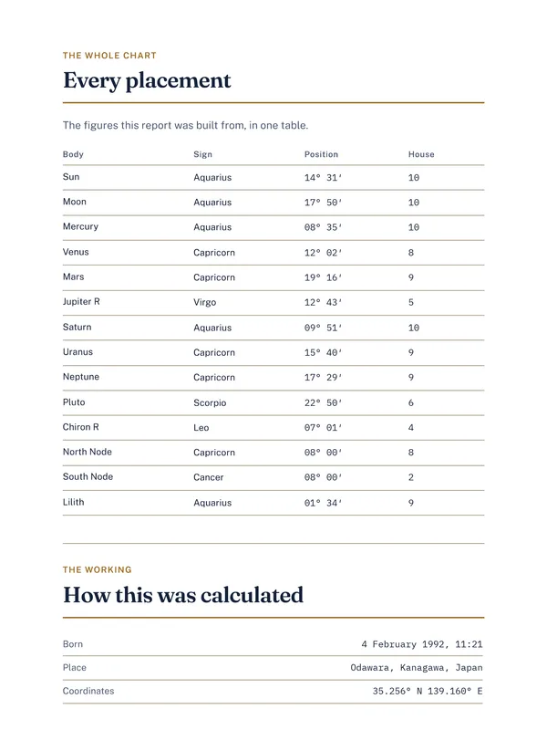 A page from the report: every body, its sign, its degree and its house, in one table.